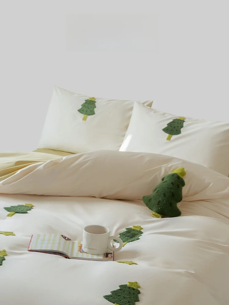 Totowish 100pcs Pure Cotton Cute Towel Embroidery Four-Piece Set Starlight Little Tree Ins Style Bedding Duvet Cover Pillowca...