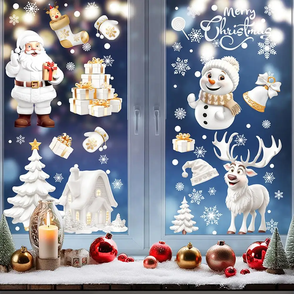 190PCS Christmas Window Stickers 9Sheets Xmas Window Decals With Santa Reindeer Snowman Double-Side Xmas Snowflake Window Clings