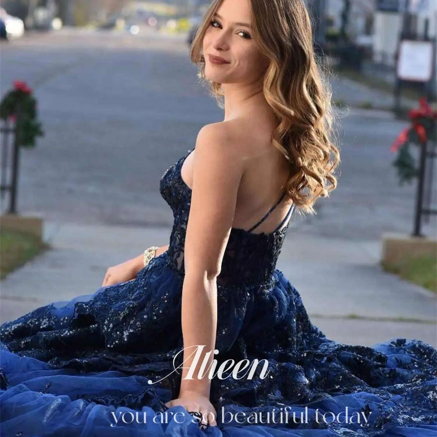 

Aileen Shiny Navy Blue One Shoulder Multi-layer Formal Occasion Dresses for Special Occasions Graduation Dress Evening Gown Long