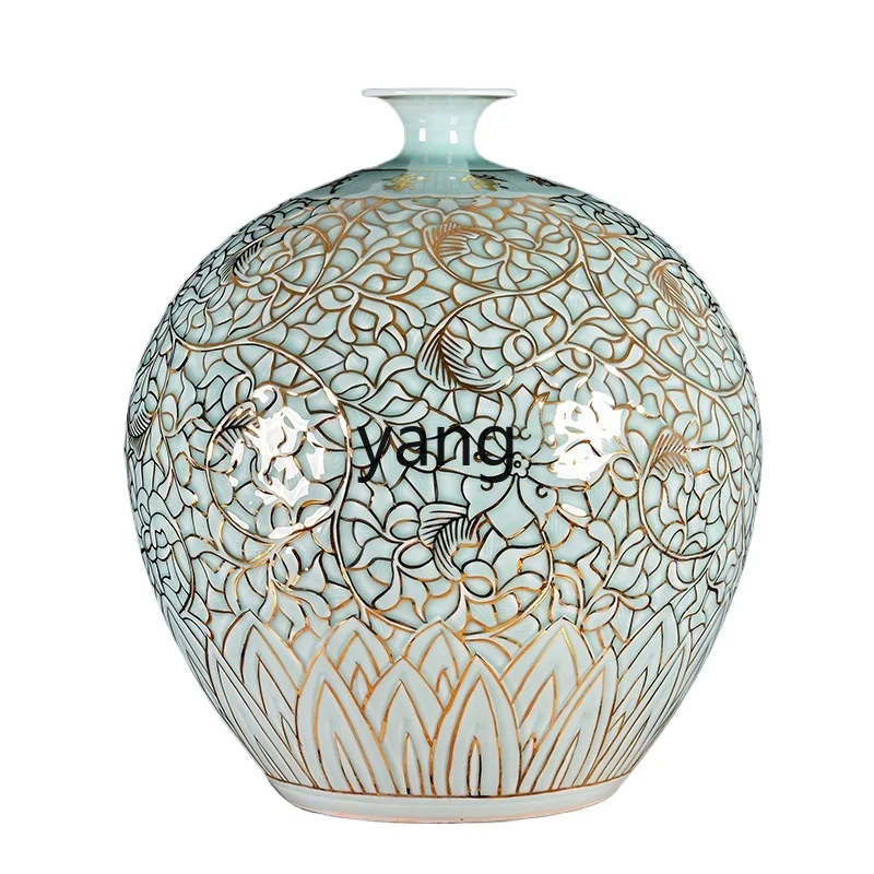 XLX Jingdezhen Ceramics Hand-Painted Celadon Glaze Gold Vase Flower Arrangement Decoration Light Luxury Crafts