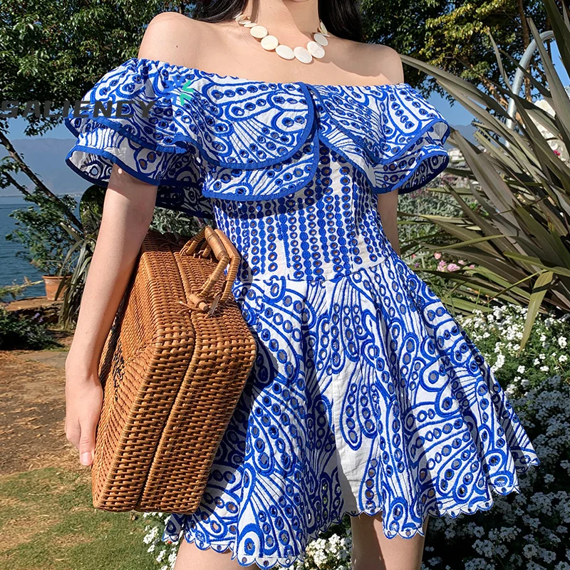 Vintage One-shoulder Strapless Ruffled Waist Slim Blue Printed Hollow Out Dress Holiday Beach Dresses Autumn