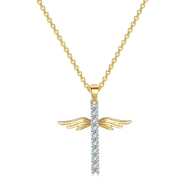 ALLNEWME Luxury Shiny Full CZ Cubic Zirconia Cross with Wings Pendant Necklaces  Gold Plated Copper O-chain Choker for Women