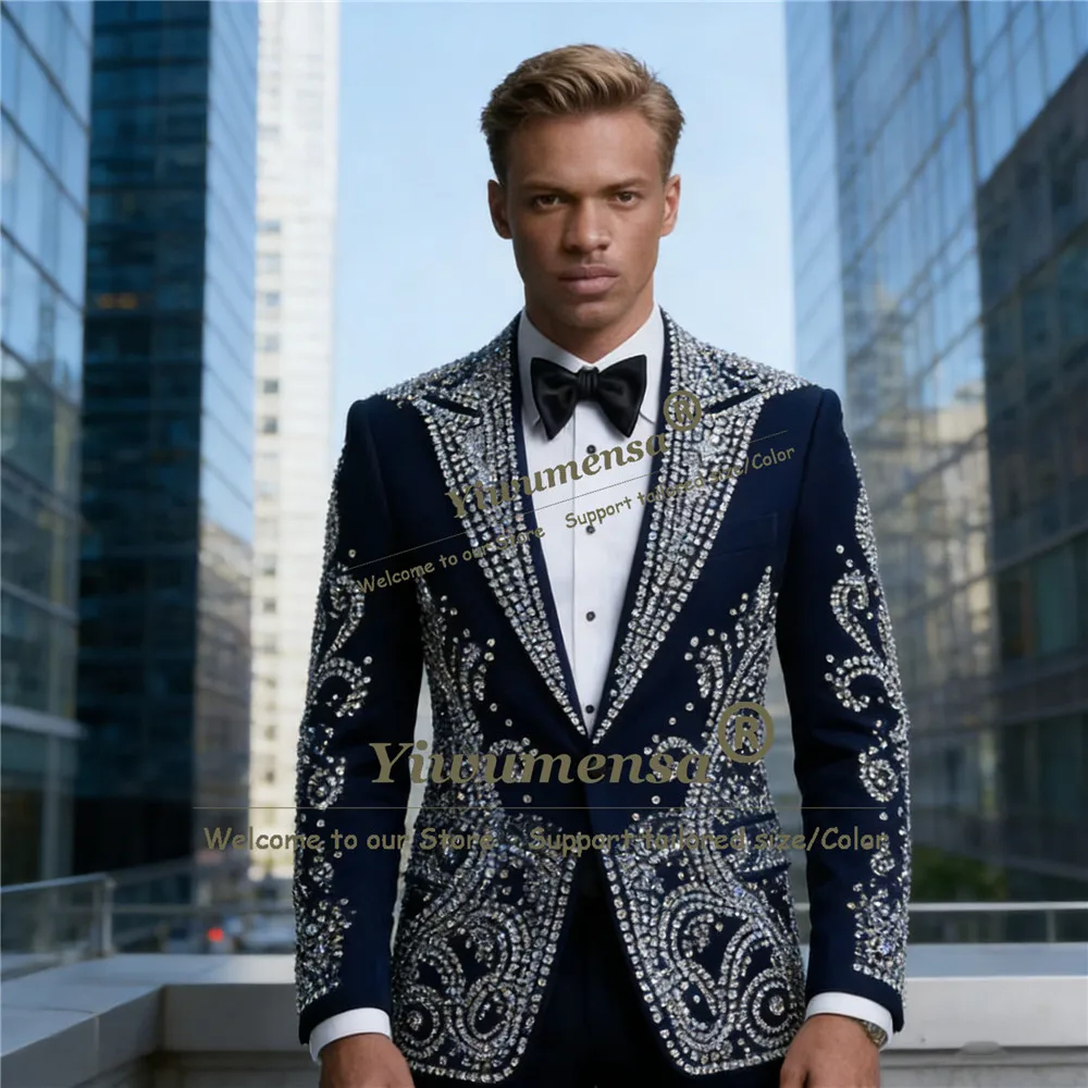 Men Brilliant Jewelry Beaded Suits 2 Pieces Sets Wedding Groom Tuxedos Male Prom Blazer Customized Man Party Attire Ropa Hombre