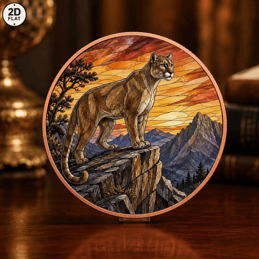 1pc 1oz .999 Fine Copper Stained Glass Mountain Lion Challenge Coin UV Print Wild Puma Cliff Landscape Medal Collectible Gifts