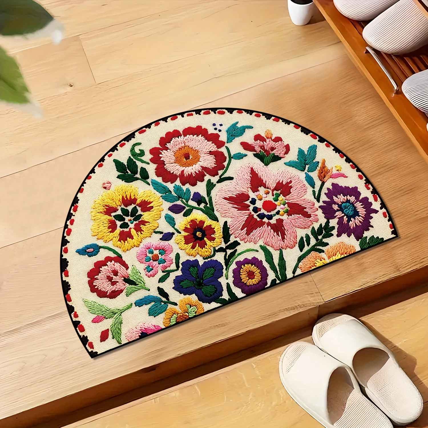 VIKAMA 2D Floral Coloured Semi Circular Doormat Non Slip for Indoor Outdoor Entrance Kitchen Bedroom Home Decor Welcome Mat
