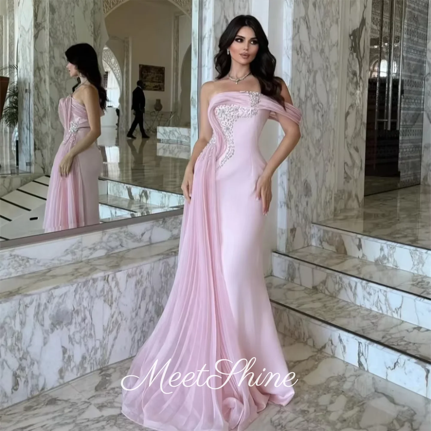

Elegant One Shoulder Evening Dress Sequined Floor Length Long Sleeves Crystal Beads Customized Saudi Arabia Wedding Dress 2025