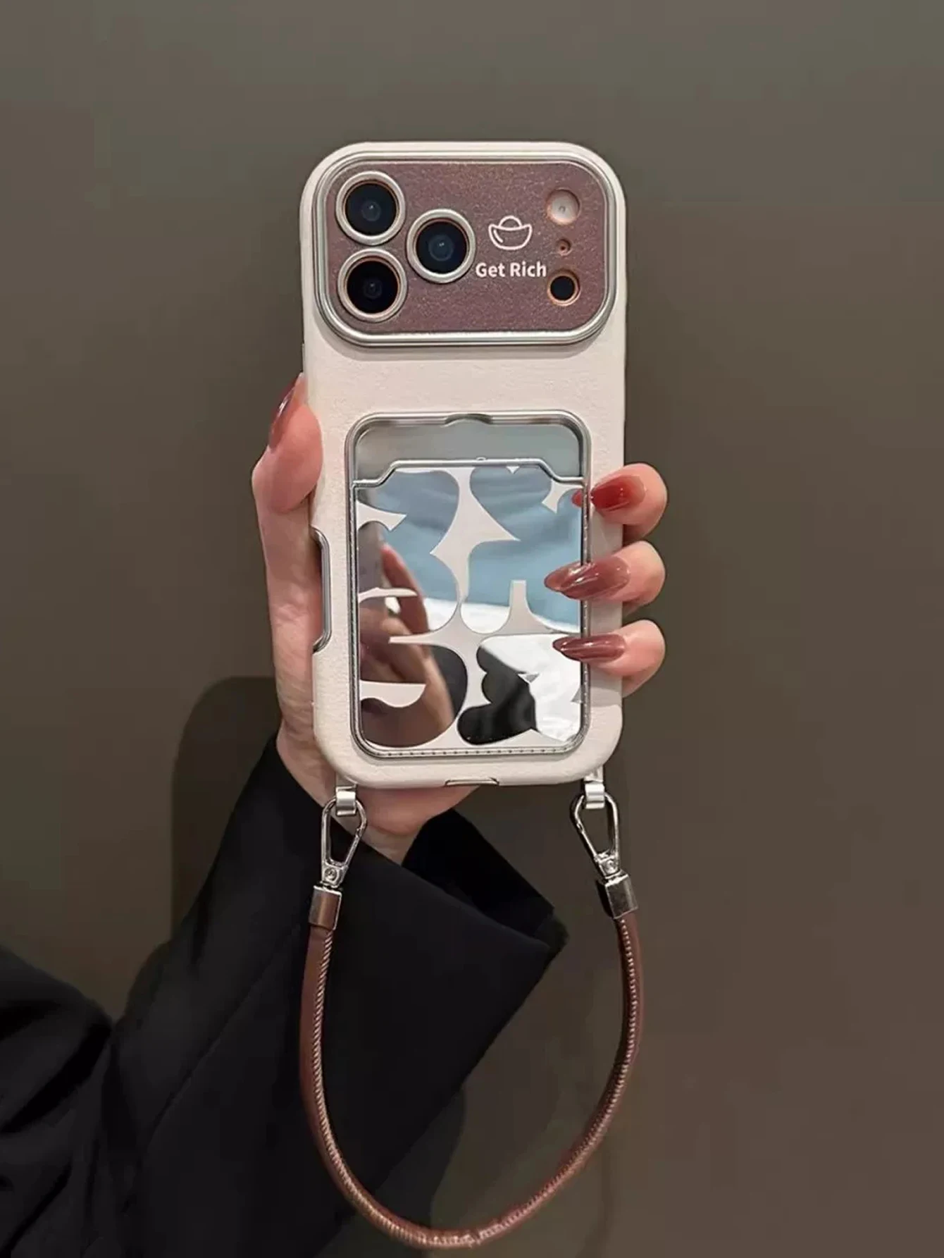 Luxury Leather Mirror Card Holder Phone Case With Wrist Strap For iPhone17 16 15 14 13 12 11 Pro Max Get Rich Protective Cover view 3
