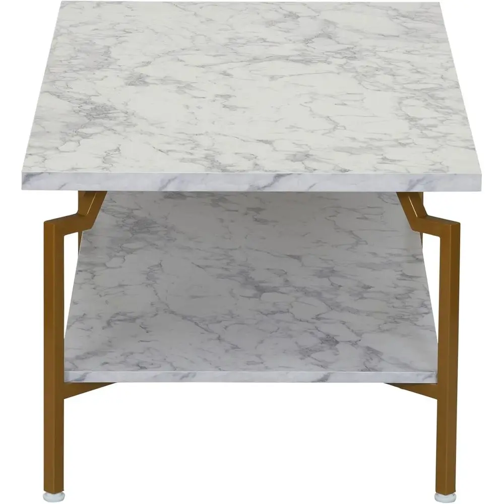 طاولة قهوة مستطيلة الشكل من الرخام الأبيض مع إطار معدني ذهبي ورف تخزين #6