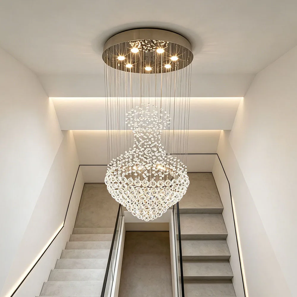 Modern Minimalist Long Vertical Gourd Crystal LED Chandelier Ceiling Lamp For High Ceiling Duplex Living Hall