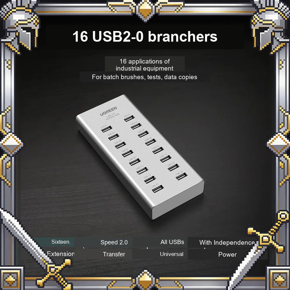 UGREEN 20298 USB 2.0 Hub 16 Port Powered Splitter for Laptop Desktop Printer Flash Drive