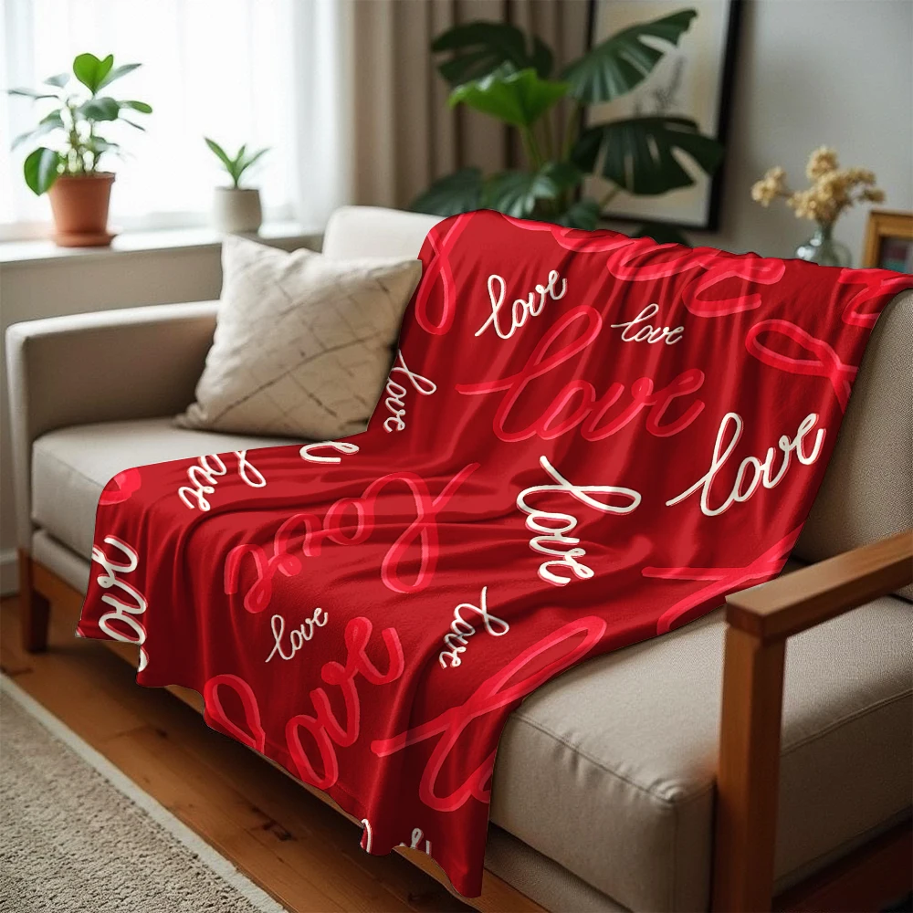 Red Love Script Soft Flannel Blanket Breathable Warm Throw for Office Car Sofa Kids Room Birthday Xmas Gift