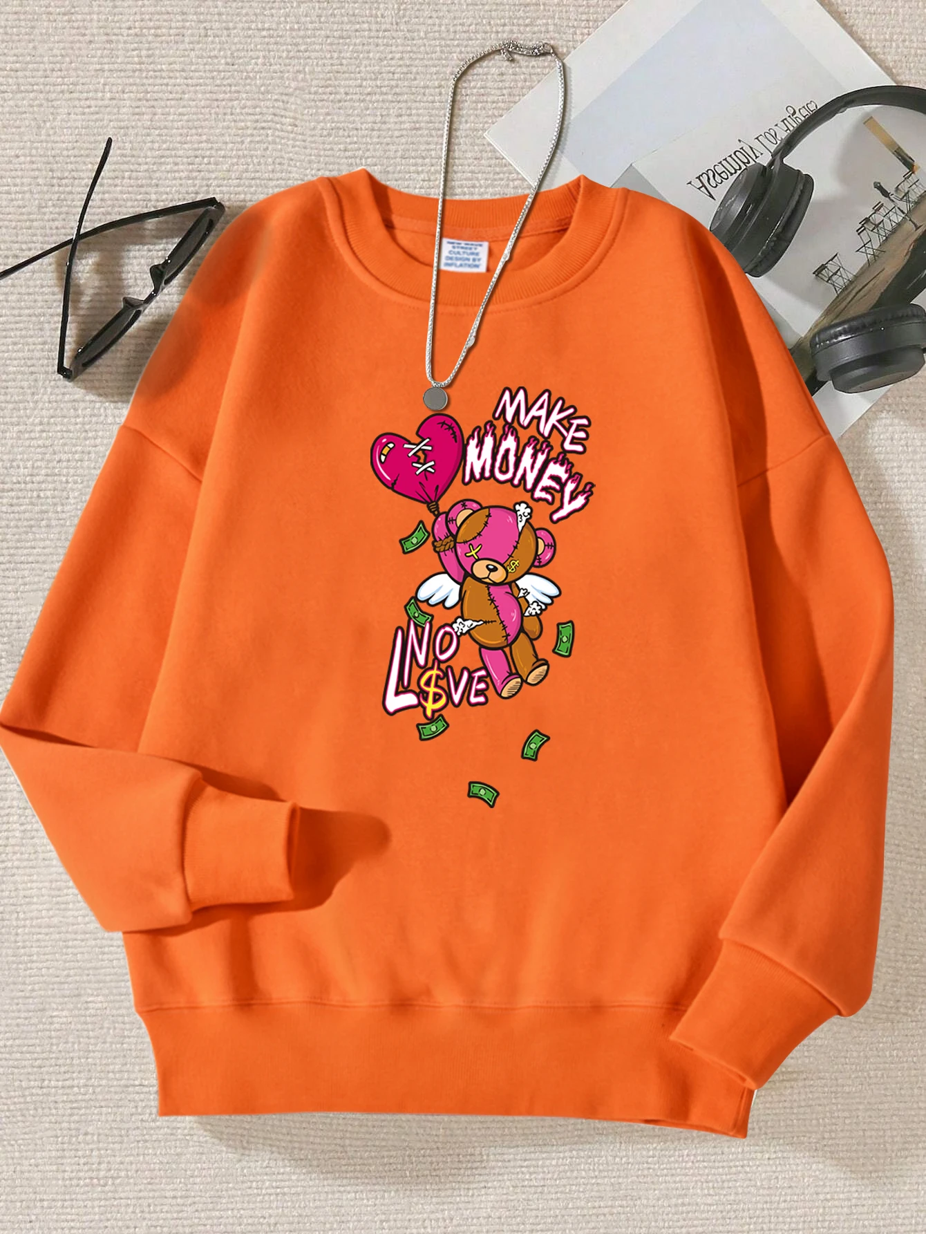 

Make Money Cartoon Bear Design Women Pullovers Autumn Casual Sweatshirt Fashion All-Match Streetwear Fleece Comfortable Top