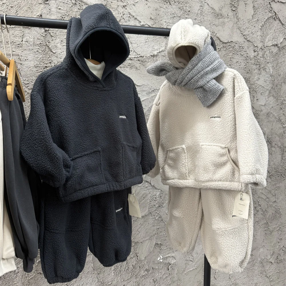 

Children 3-8Y Boys Two-piece Set Winter Thicken Warm Kids Baby Boys Plush Top Sweatshirt+fleece Toddler Boys Loose Woolen Pant
