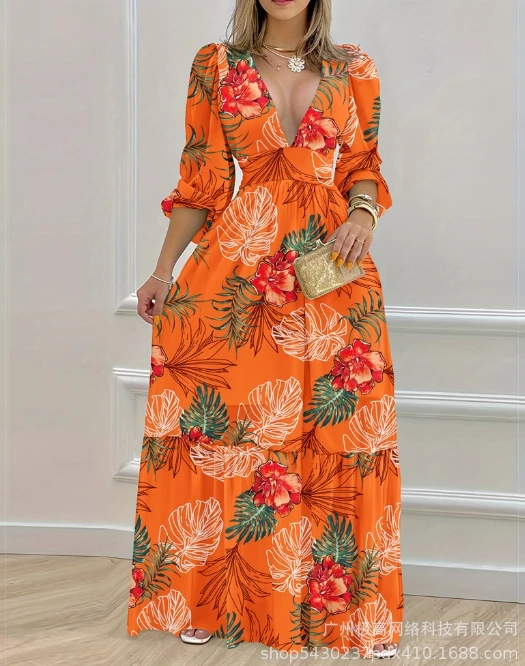 

2024 Women's Summer New Printed V-Neck Lantern Sleeves Waist Wrapped Dress Printed Fashionable and Elegant Long Dress