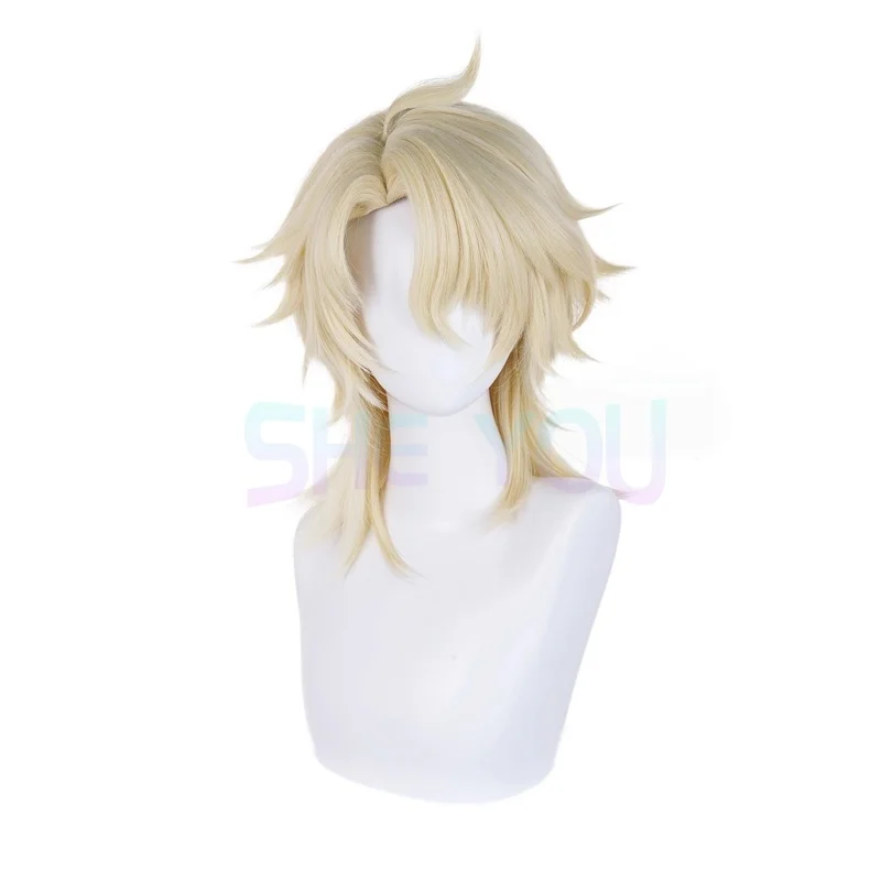 Pelucas de Cosplay Varka, pelucas doradas claras de 35cm para hombres, peluca de Cosplay de Anime, pelo sintético resistente al calor para Halloween + gorro de peluca