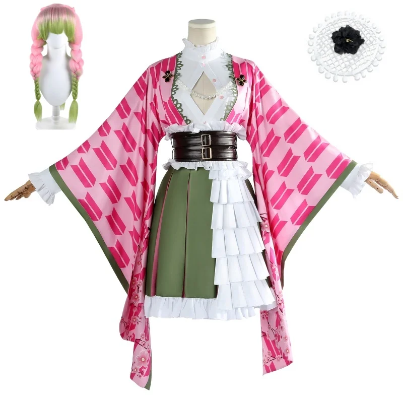 

Demon Slayer Kanroji Mitsuri Cosplay Costume Uniform Kimono Skirt Necklace Headwear Earrings Wig Halloween Party for Women