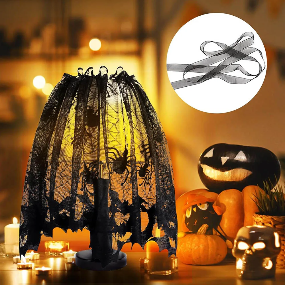 Obrázek 7: Halové halloween dekorace černá krajka stůl runner krb mantel šála kolo ubrus cobweb stínidlo s 3D letouni zeď nálepka