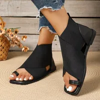 Women Square Toe Gladiator Sandals Elastic Strap Wrap Around Ankle Flat Sandals Toe Loop Summer Beach Comfortable Walking Shoes - Image 5