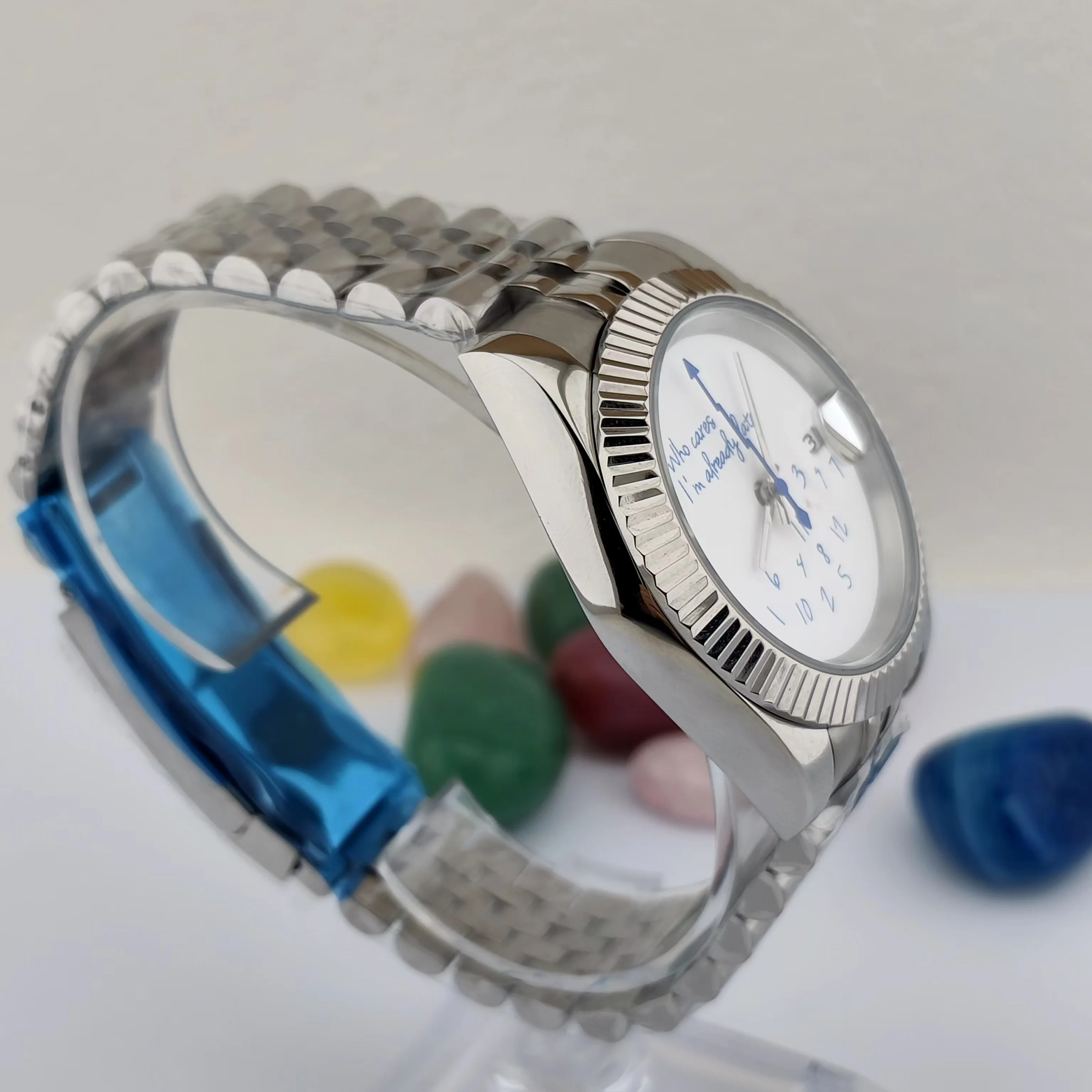 NH35 ساعة من يهتم أنا متأخر بالفعل ساعة 36 مللي متر/39 مللي متر بدون شعار نص أزرق ماتي الهاتفي الياقوت والكريستال والزجاج الحركة التلقائية #4