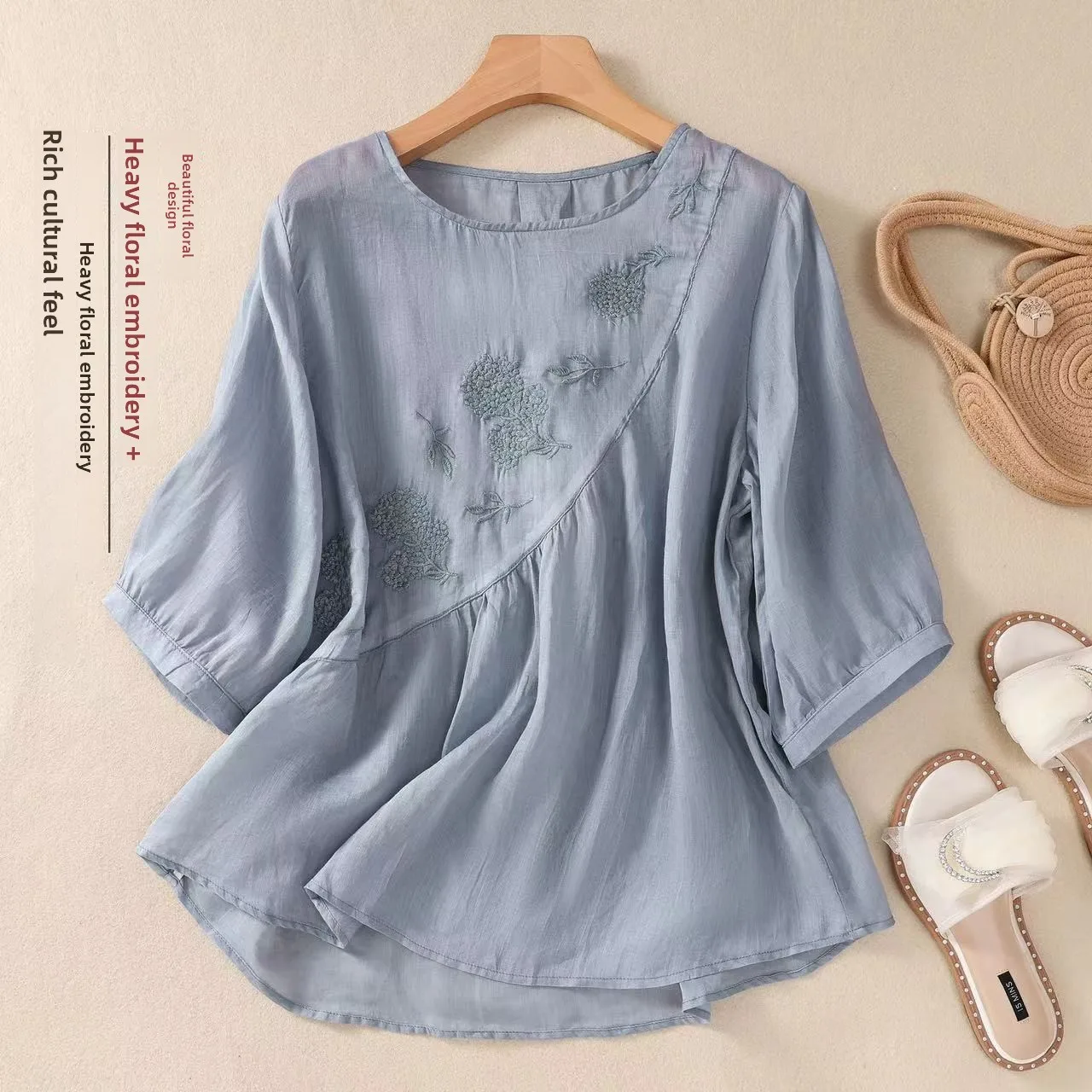 

Embroidered Loose round Ne Overhead irt T-irt Women's Spring Summer Color Artistic Retro Versatile Small Top