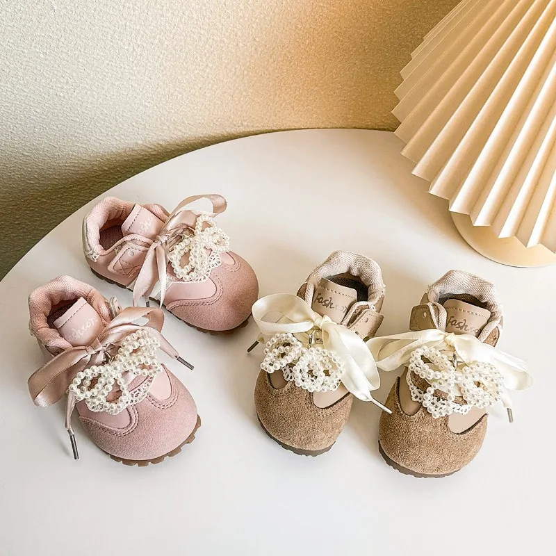 Baby Casual Shoes Sweet Beading Toddler Sports Shoes Ribbon Soft Sole 2026 Autumn New Toddler Kids Princess Shoes Non-slip