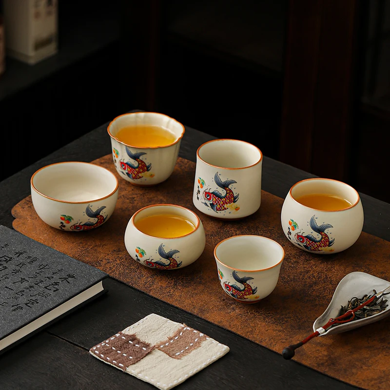 

1 Pc Chinese Vintage Ru Kiln Tea Cup Handmade Fish Ceramic Tea Bowl Household Teaware Teacup Travel Personal Meditation Cup