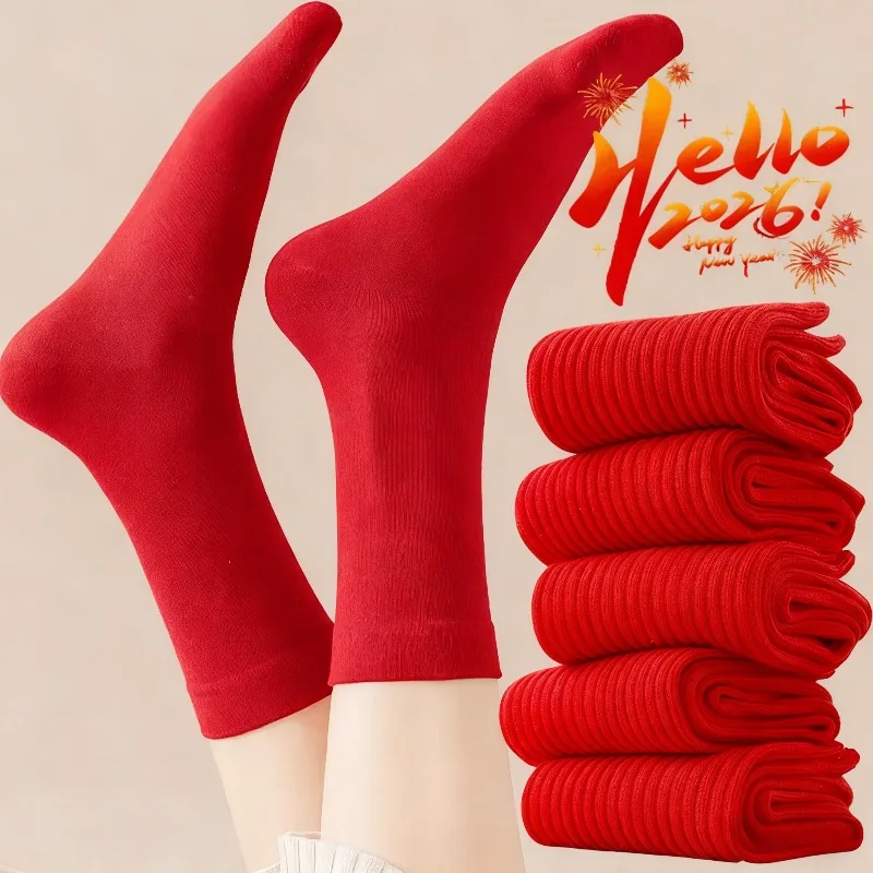 Calcetines a media pantorrilla del año del caballo rojo de la suerte, calcetines festivos Retro de color rojo vino, medias para parejas, trajes de Año Nuevo Chino 2026, regalos de cumpleaños