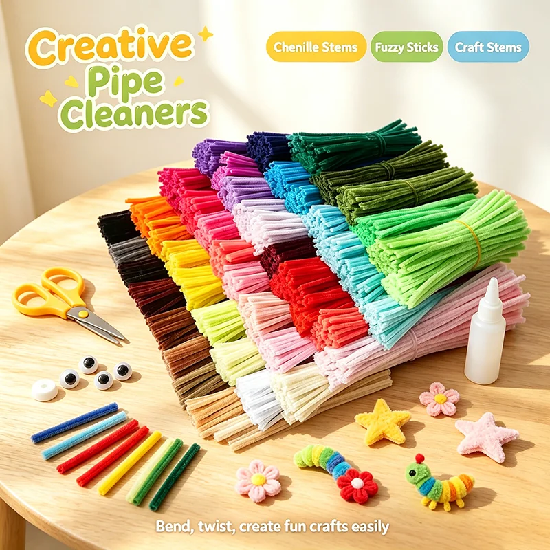 100Pcs Colorful Chenille Stems Pipe Cleaners Plush Twist Sticks DIY Handmade Craft Supplies Educational Christmas Gifts