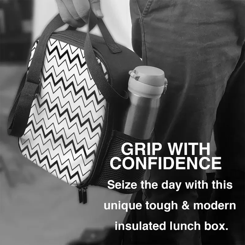 Black And White Chevron Zig Zag Pattern Insulated Lunch Bag Picnic Modern Geometric Zigzag Thermal Cooler Lunch Box Children