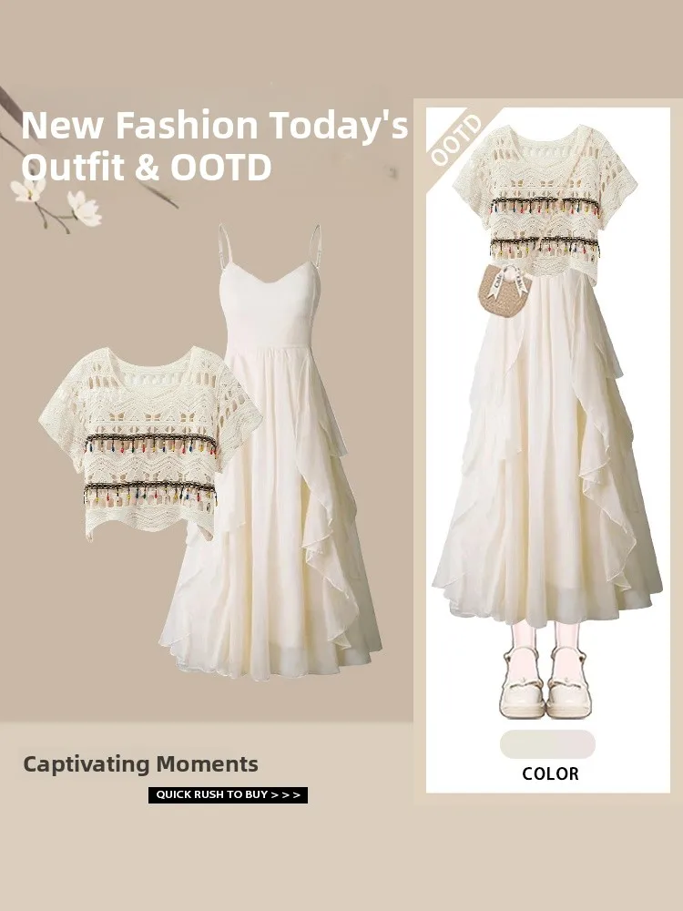 Modny, etniczny komplet dwuczęściowy w stylu Color Blo, letni, elegancki, mały rozmiar, odzież z okrągłym dekoltem, włókno poliestrowe.