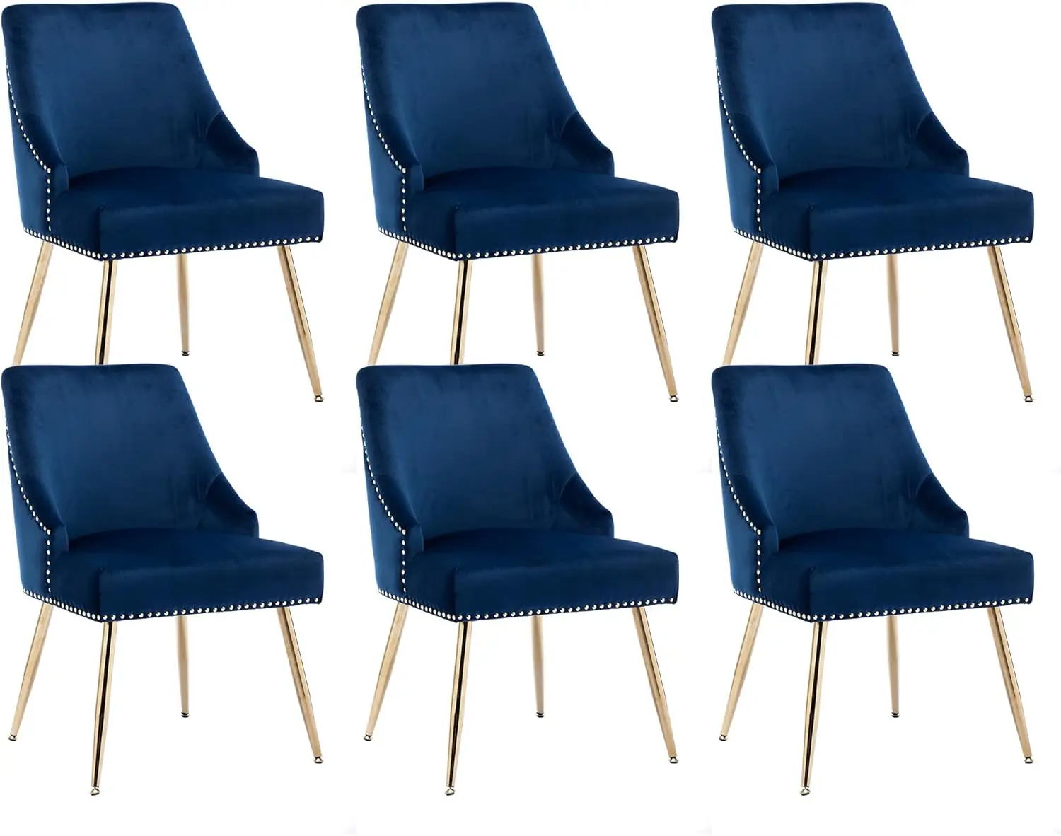 NEW Velvet Dining Room Chairs Set of 6 Nailhead Back Ring Pull Trim with Gold Legs for Kitchen Living Room(Blue)