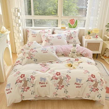 Soft floral duvet cover queen size cartoon rabbit comforter cover for toddler women bedding cotton reversible floral Kawaii bedding set Soft floral duvet cover queen size cartoon rabbit comforter cover for toddler women bedding cotton reversible floral Kawaii bedding set