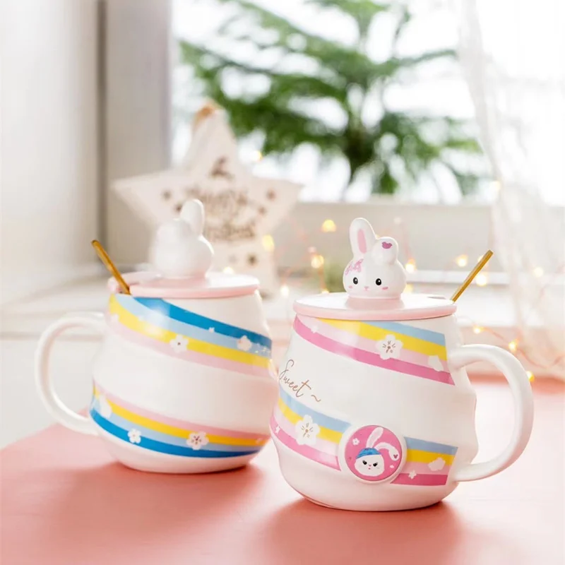 Korean cute cartoon rabbit ceramic mug creative rainbow rabbit breakfast milk cup office coffee cup