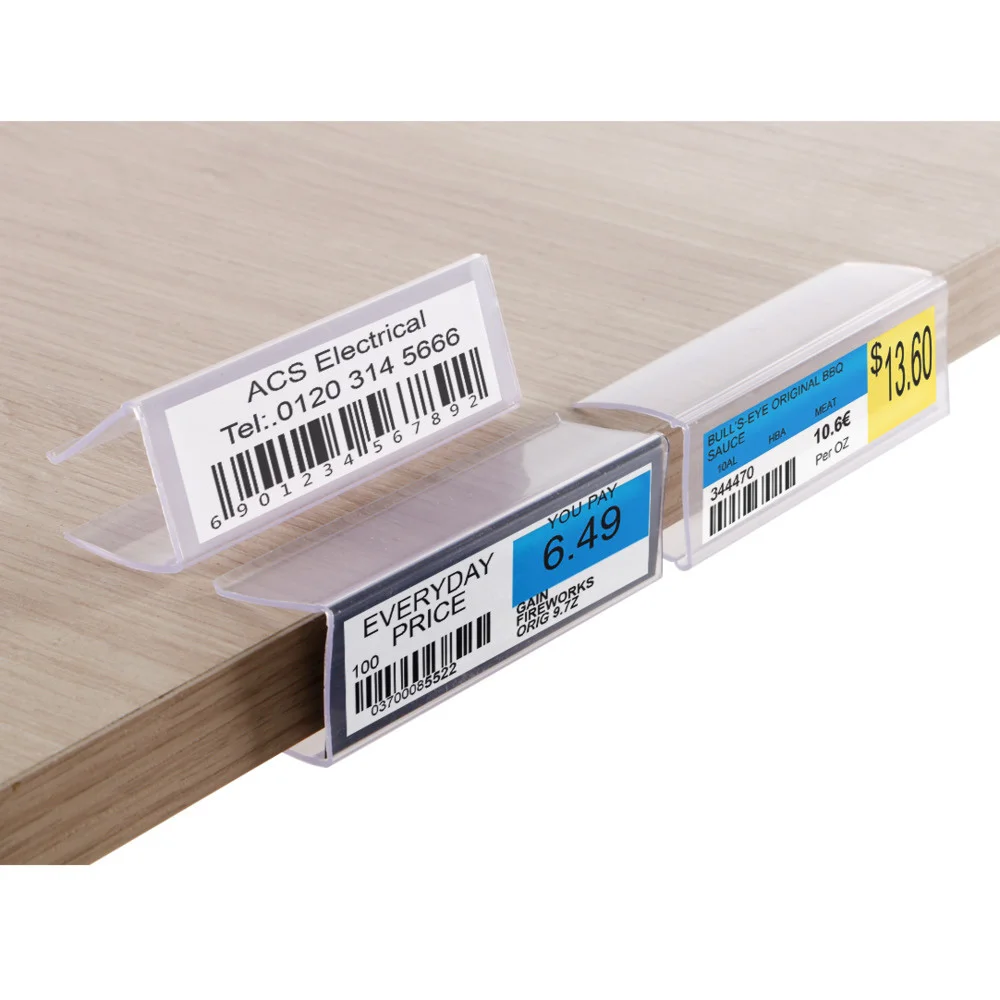 Clear Plastic Shelf Label Holder, Wood Shelf Sign And Ticket Holder, Clips On To Shelves