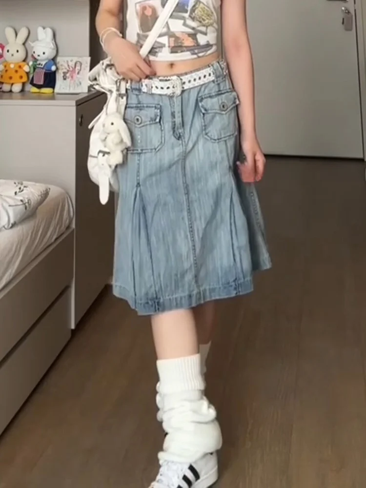Retro Amerykańska Hot Girl Vintage Spódnica Jeansowa z Plisami w Stylu Y2K Millennium, Uniwersalna Spódnica o Długości do Kolan