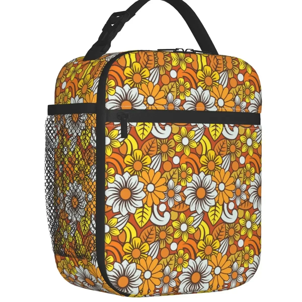 Retro 70s Orange Flower Pattern Insulated Lunch Tote Bag Mid Century Modern Bohemian Portable Cooler Thermal Bento Box Camping