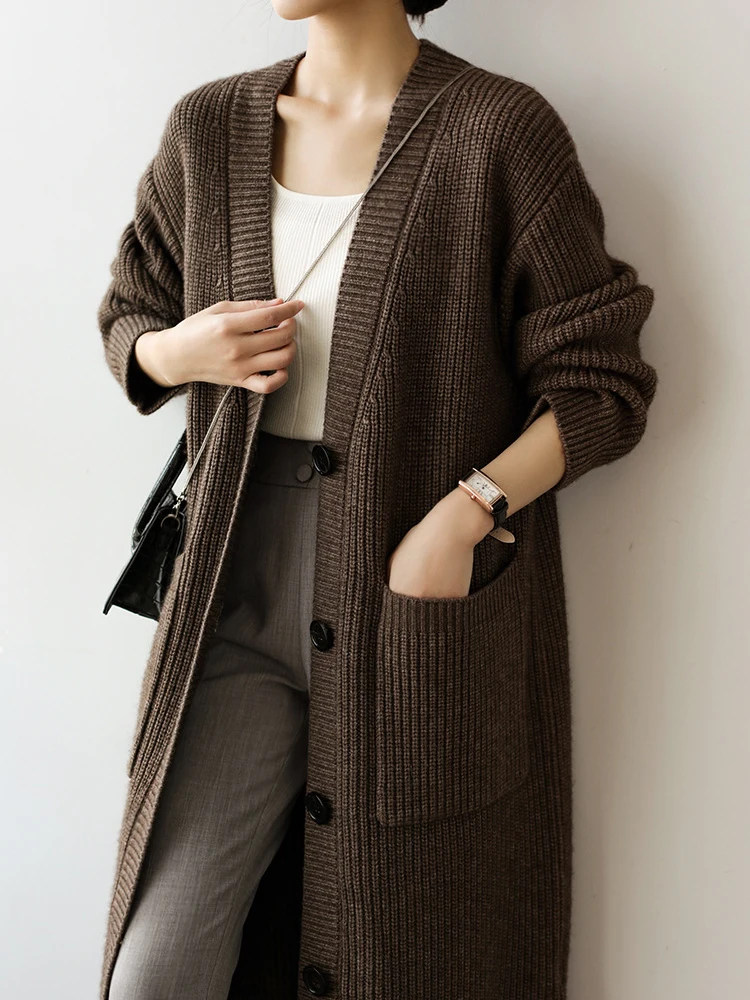 Vintage Elegant V-neck Single Breasted Long Knitted Cardigan Autumn Winter Thick Warm Long Sleeve Pockets Coat Women Casual Tops