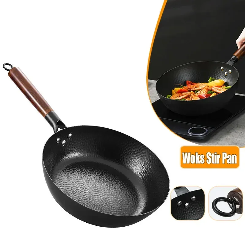 

28cm Woks Stir Fry Pans Kitchen Cooking Pot Hammer Cast Iron Non Stick Frying Pan Steak Pancake Cooker Pans With Wooden handle