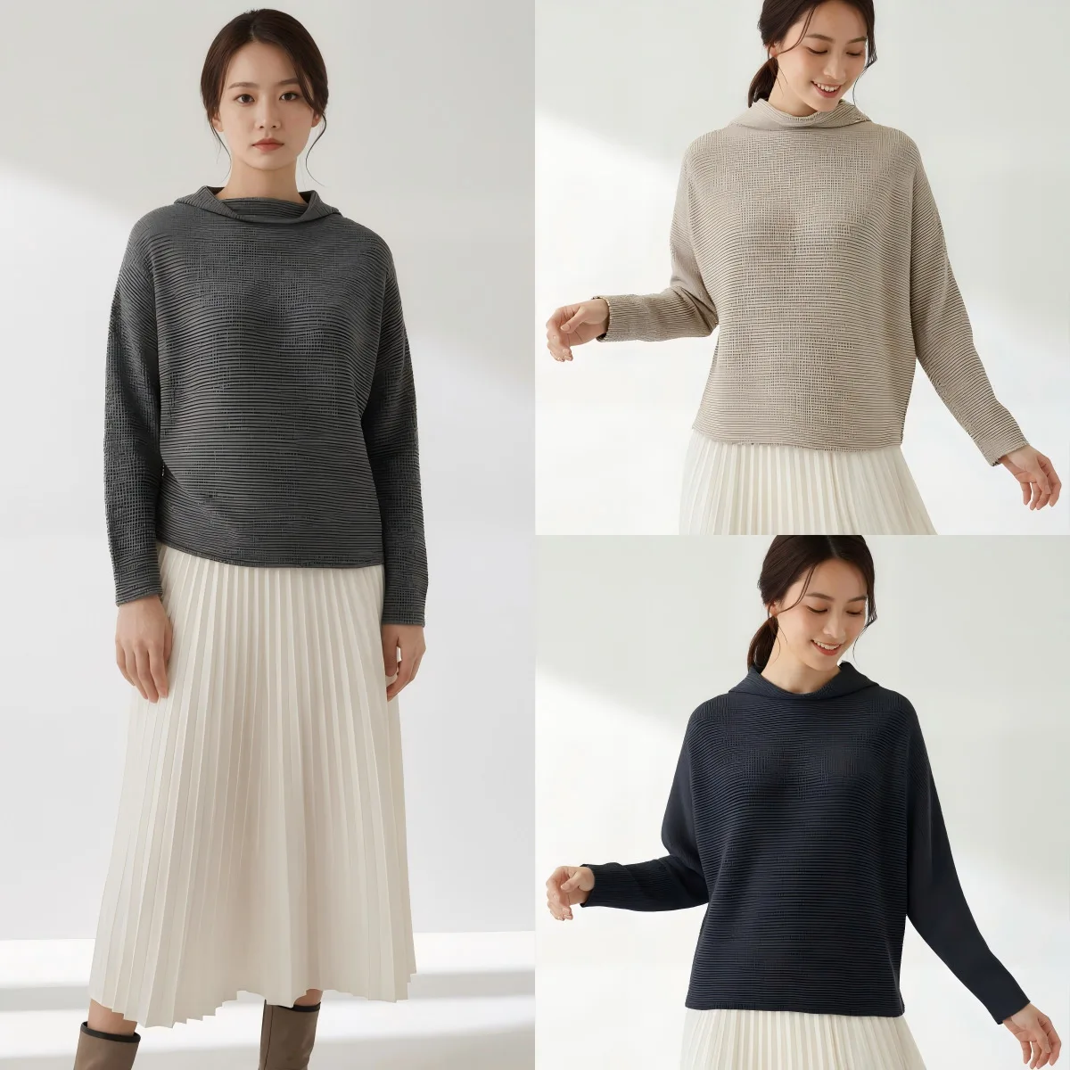 

Miyake Pleated Spring and Autumn New Pressed Pleated T-shirt Female Simple Fashion Solid Colour Loose Bat Sleeve Pleated Blouse