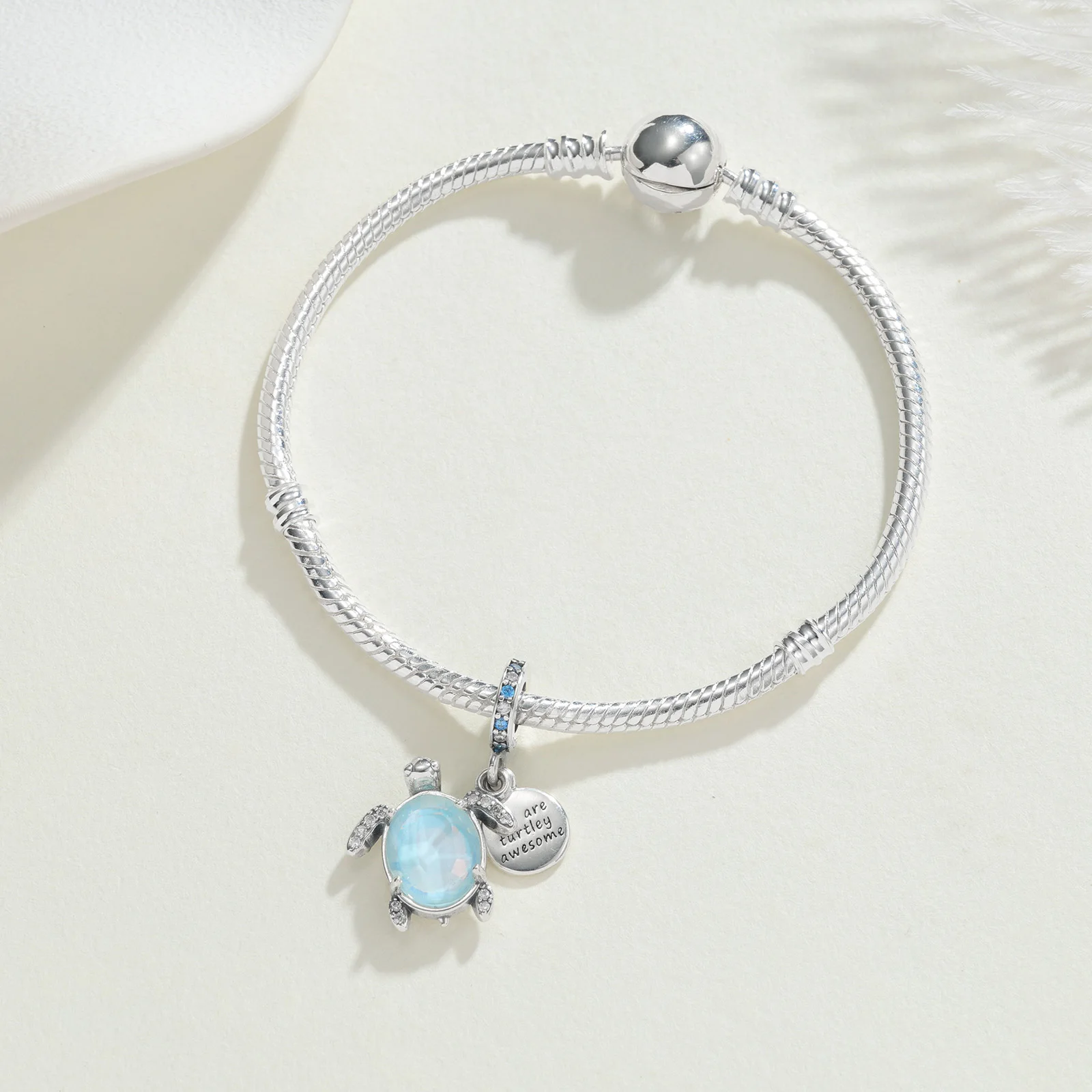 925 Sterling Silver Turtle Dangle Charm with Blue Opal