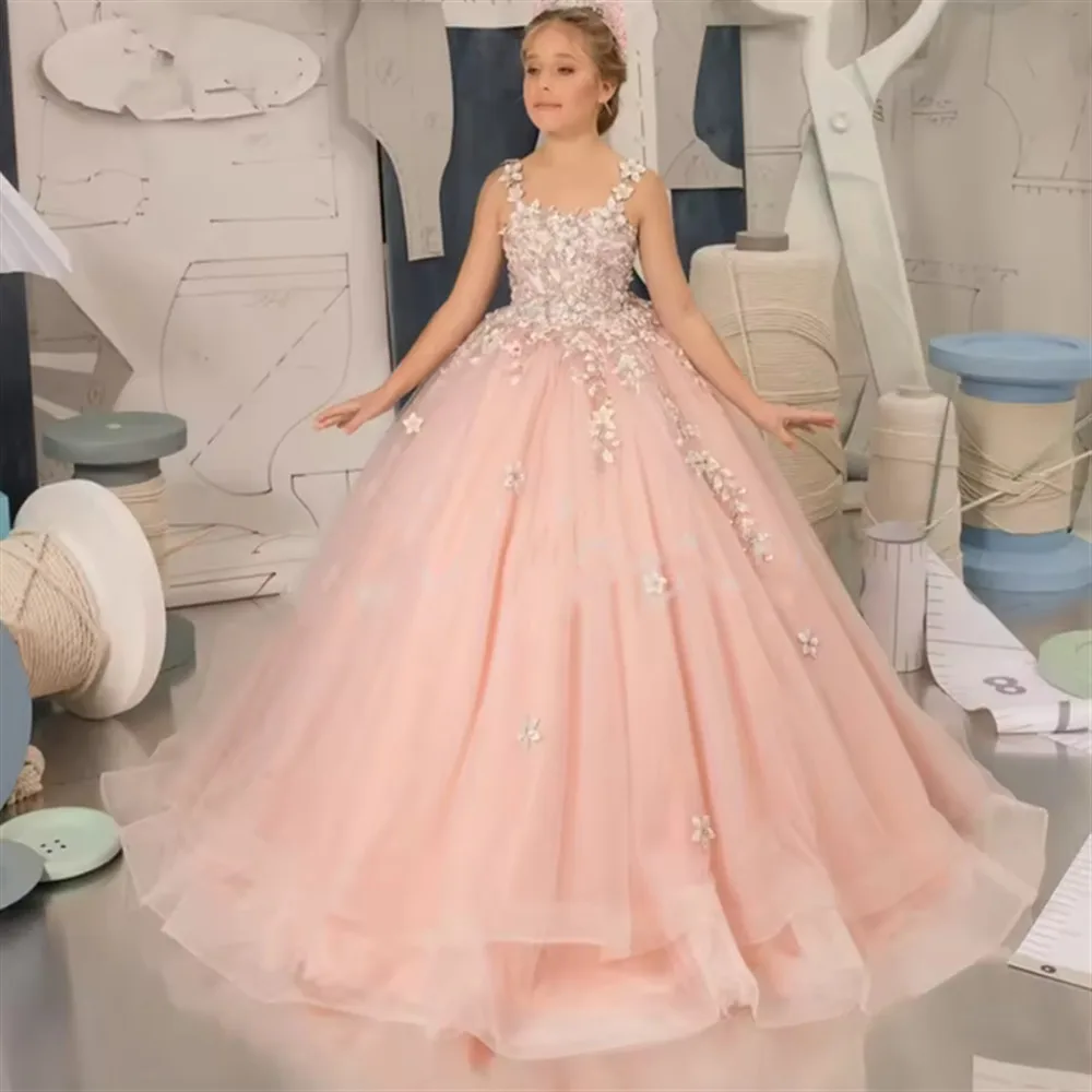Abito da sposa per ragazza di fiore rosa di lusso senza maniche con applicazioni floreali gonfie per bambini per abito da ballo da principessa per comunione