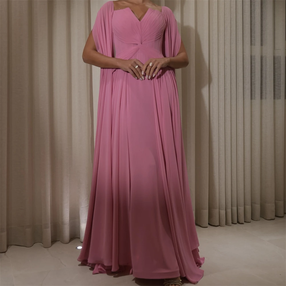 

Customized Charming Pink Chiffon Evening Dress Exquisite V-Neck Homecoming Dresses Fashion Sweep Train Special Occasion Gowns