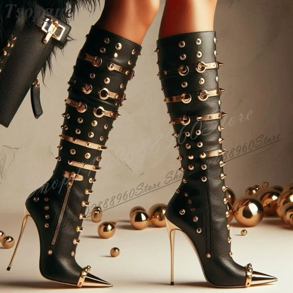 Knee High Black Metallic Rivet Decoration Boots Thin High Heel Women Shoes Side Zipper Pointed Toe 2024 Sexy Zapatos Para Mujere