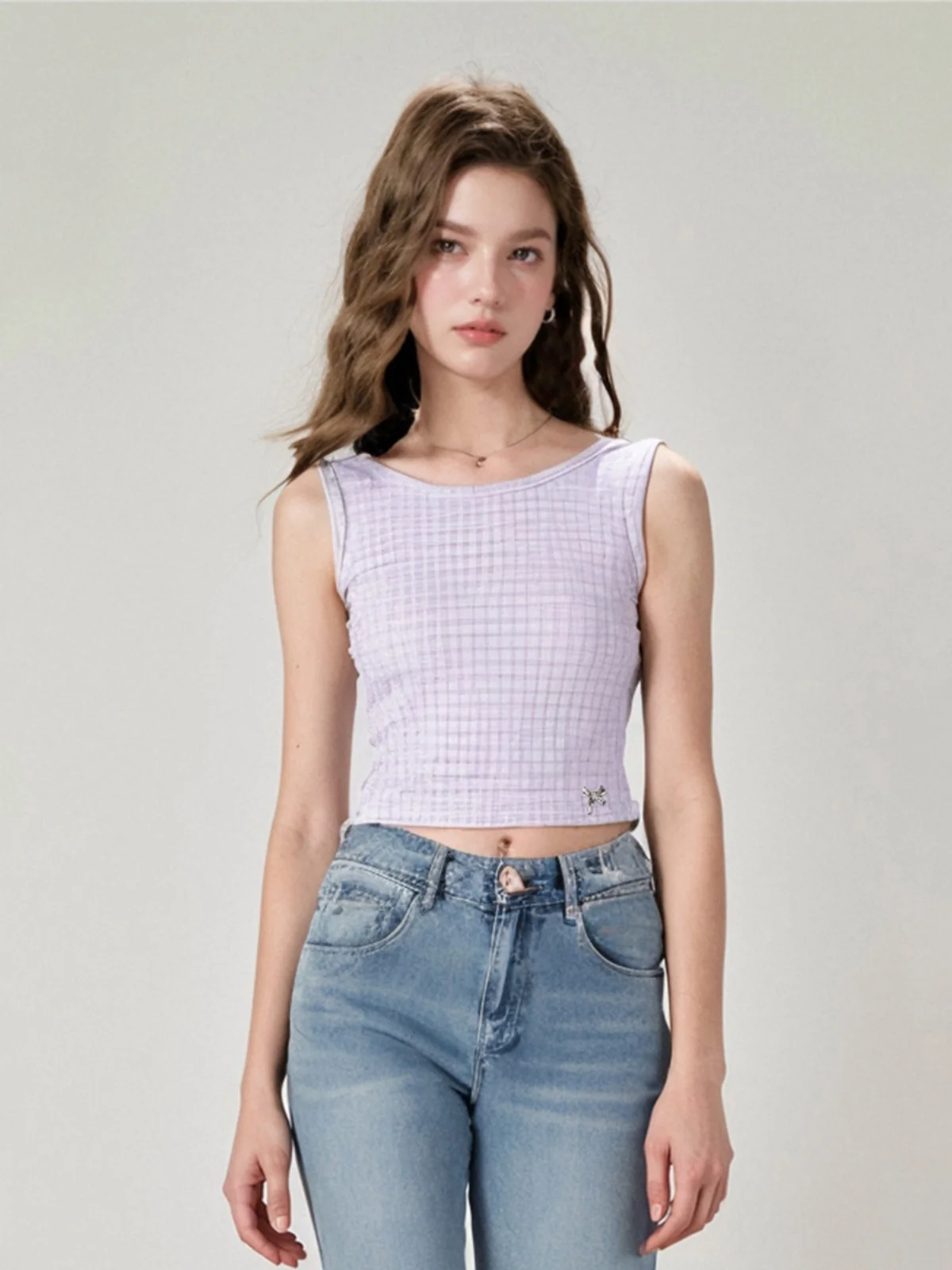 Chaleco Ajustado para Mujer, Cuello Redondo, Color Puro, Estilo a Cuadros, Ajustado a la Cintura, Nuevo Estilo Veraniego, Elegante para el Trabajo