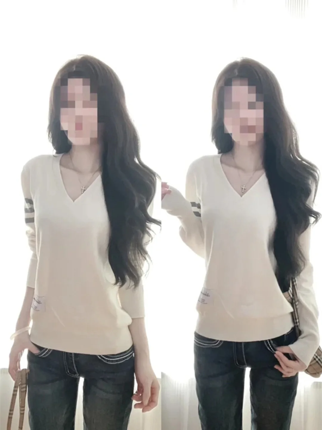 Korean Minimalist V-Neck Three Bars Women's Oversized Lazy College Style Soft Cozy Knitted Sweater Top Casual Loose Fit Knitwear