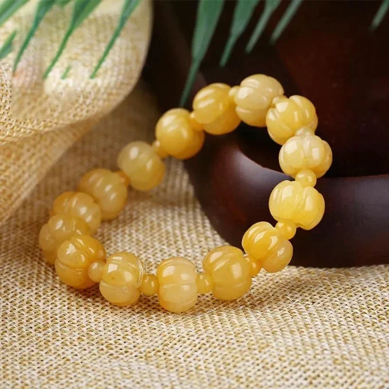 Gold Silk Jade Bamboo Pumpkin Pearl Jade Bracelet Hand String Jade New National Style Men's and Women's Style