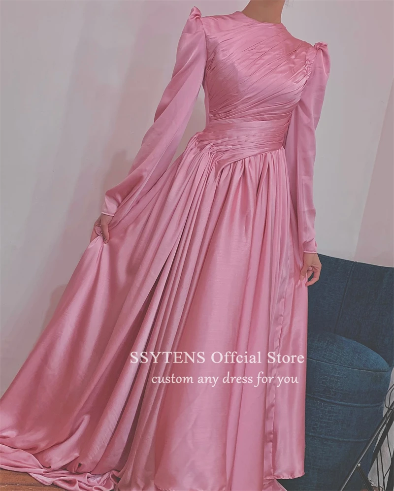 SSYTENS Elegant Pink Muslim Formal Evening Dresses Robes De Soiree Dubai Arabic Party Prom Gowns Saudi Long Sleeves For Women