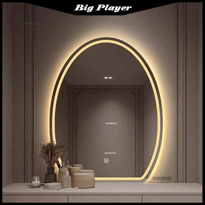 

Скандинавские умные сенсорные светодиодные зеркала для ванной комнаты, овальные зеркала для макияжа для спальни, многофункциональные косметические зеркала для макияжа для ванной комнаты