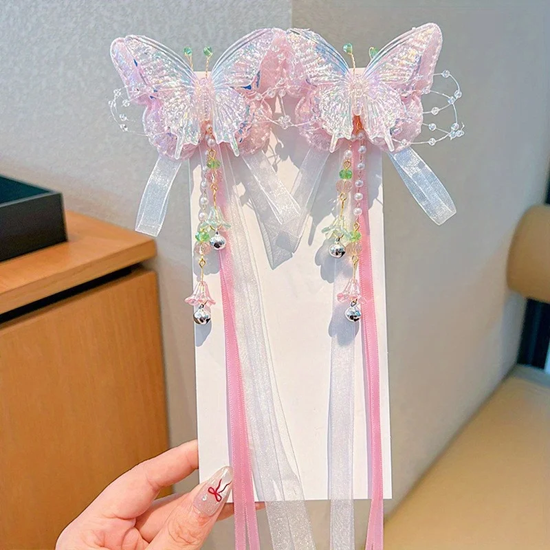 Hanfu-Haarschmuck für Mädchen – Schmetterlings-Haarspangen mit buntem Band, Haarnadeln im traditionellen chinesischen Vintage-Stil