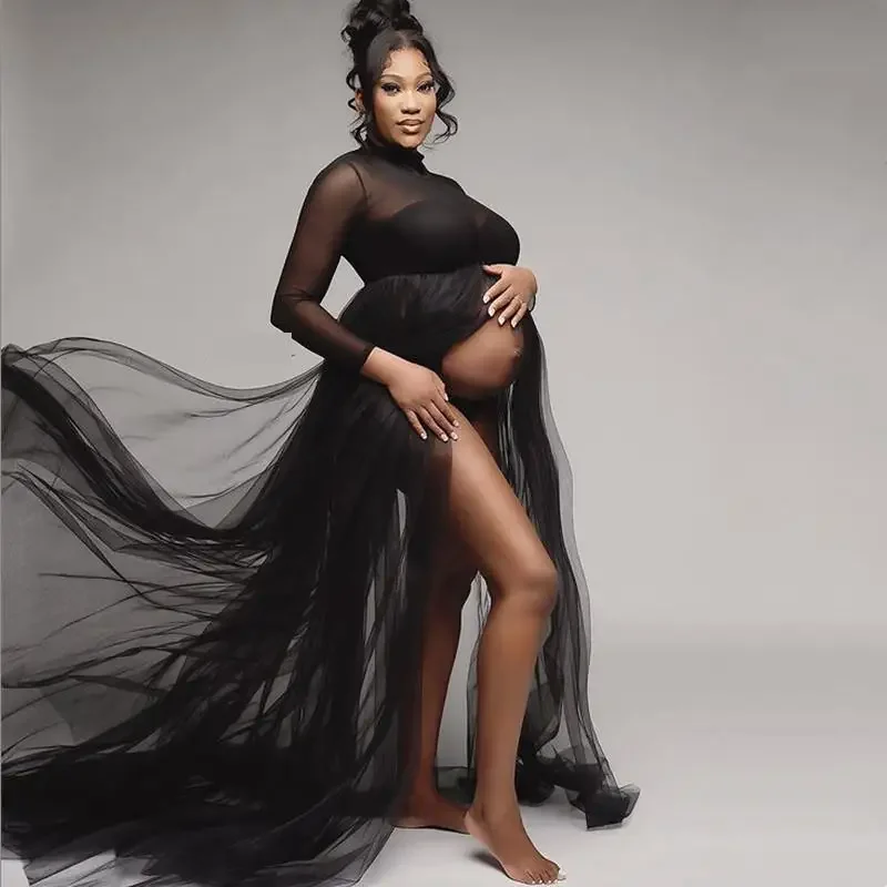 Sexy Women Maternity Baby Shower Mesh Dresses Long Sleeve Pregnant Turtleneck Maxi Dress For Photoshoot Premama See Through Gown